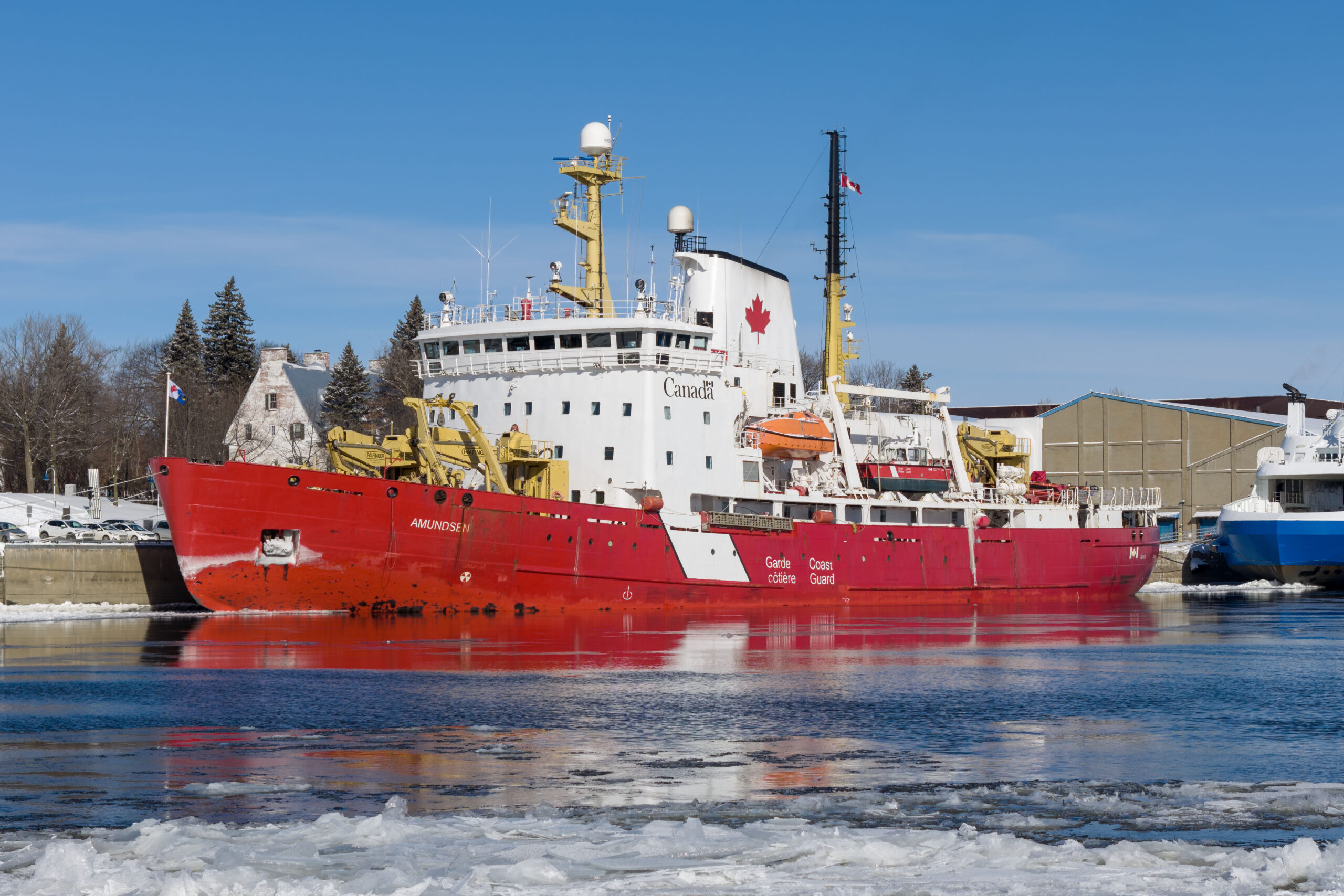 Canadian Coast Guard icebreaker CCGS Amundsen moored at a dock in Trois-Rivières, Quebec.